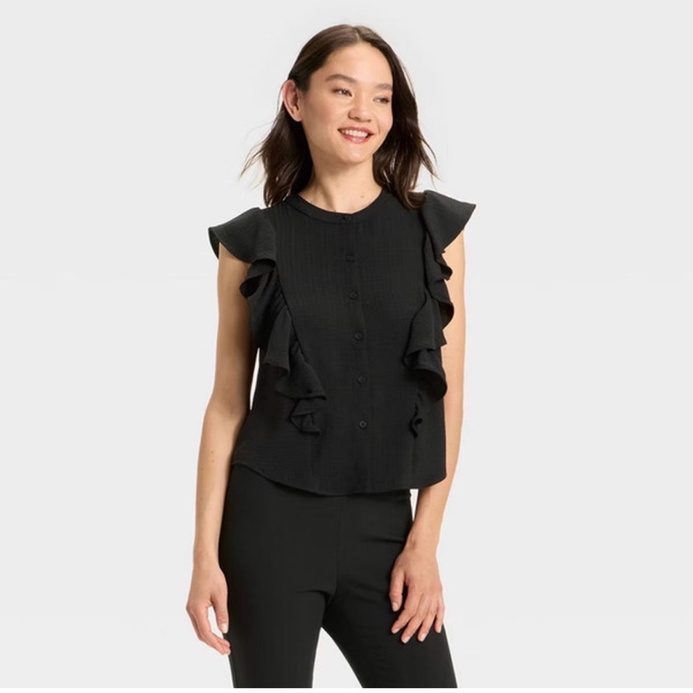 A New Day XS Black Button Down Ruffle Blouse Romantic Minimalist Feminine